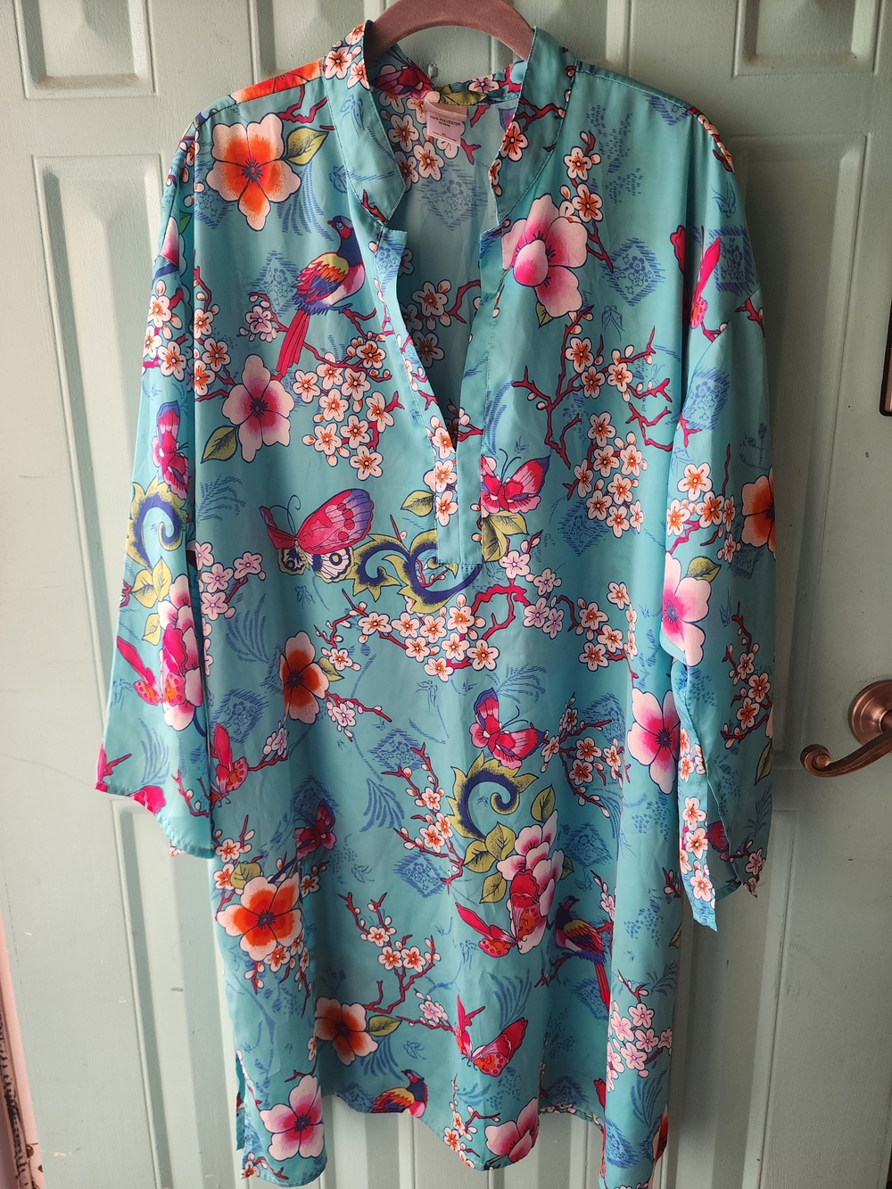Natori Teal Floral Long Sleeve Tunic Dress with Pink & Orange Motifs